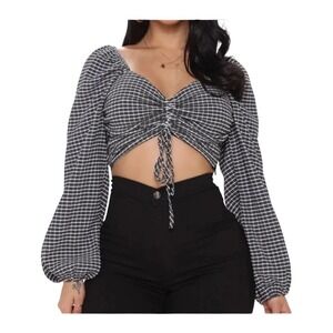 Juniper Blue Cropped Puff-Sleeve Blouse Black White Textured Knit M